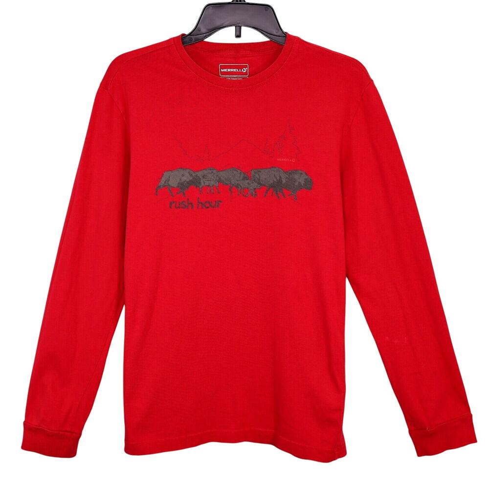 Merrell T-shirt Mens Small Red Organic Cotton Graphic Print Buffalo Rush Hour